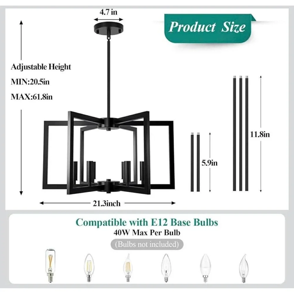 6Light Black Chandelier, Farmhouse Dining Room Light Fixture, Large Modern Ch...